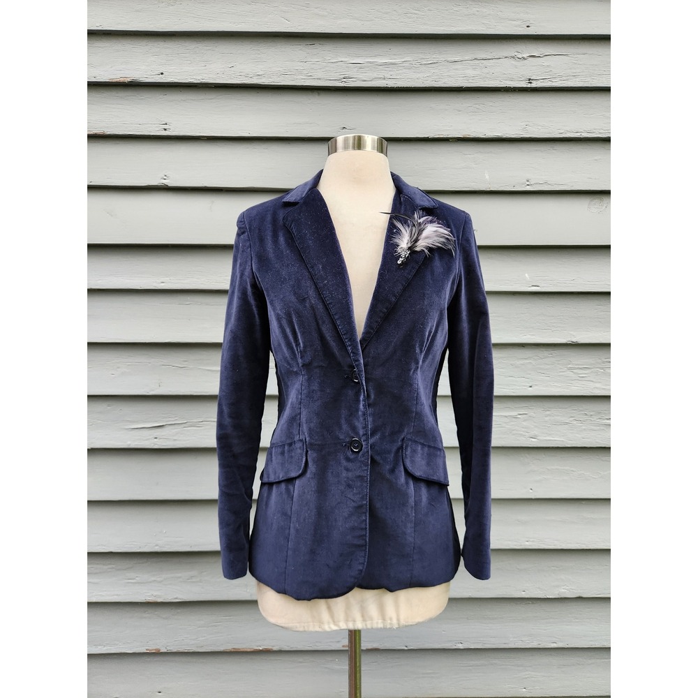 Vintage‎ 90s 80s Calliope Blazer Navy Blue Cotton Velvet Feather Brooch Size 7